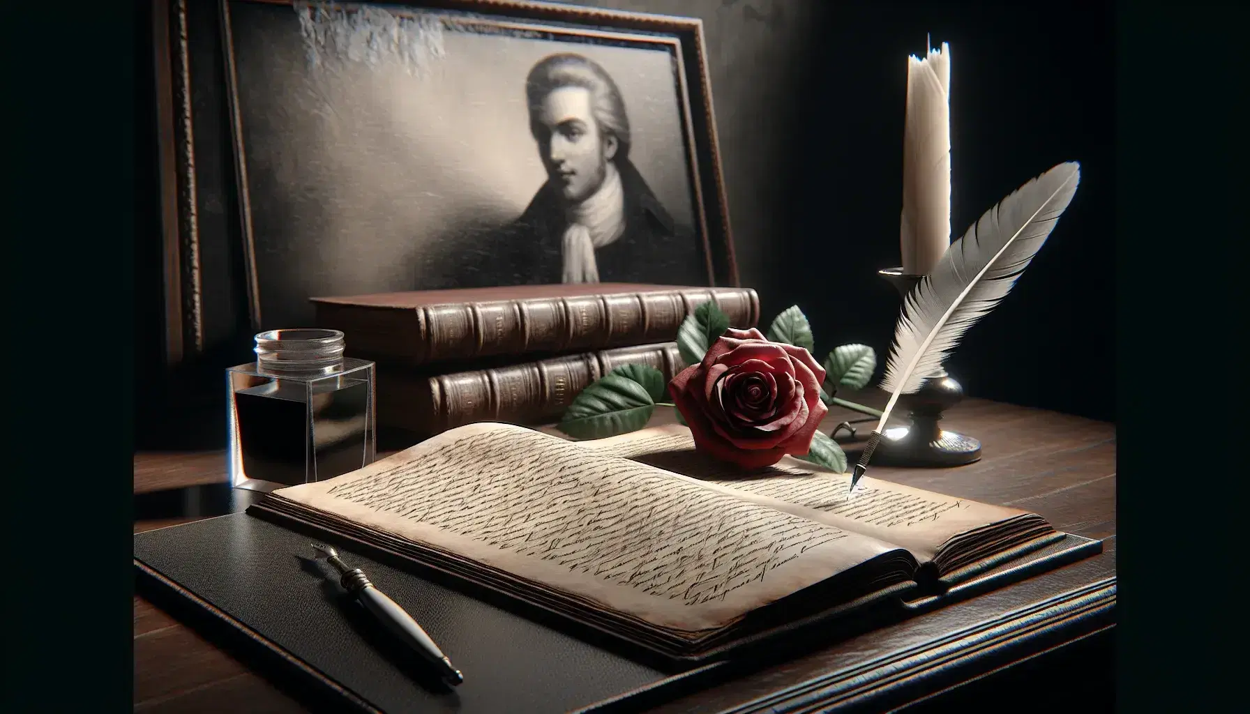 Scrivania in legno scuro con libro antico, penna d'oca e calamaio, rosa rossa e ritratto in bianco e nero di uomo con corona di alloro.
