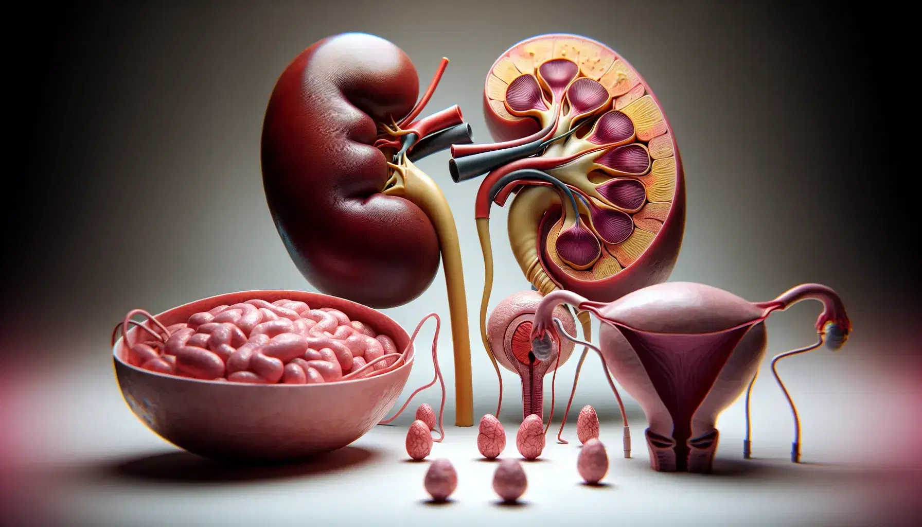 Modelo anatómico detallado de órganos urinarios y reproductores humanos, mostrando riñón, glándula suprarrenal, vejiga, uréteres, uretra y órganos genitales masculinos y femeninos.
