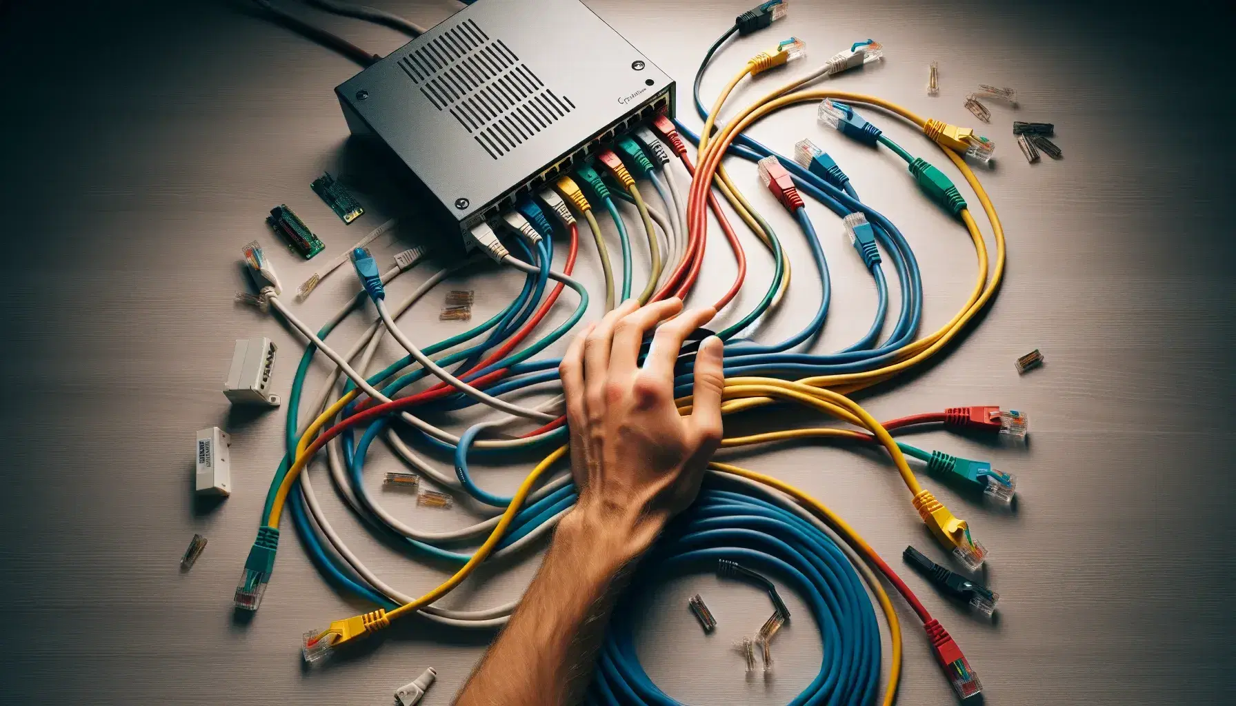 Cavi Ethernet colorati intrecciati con connettori RJ45 collegati a dispositivo di rete, mano umana in atto di connessione.