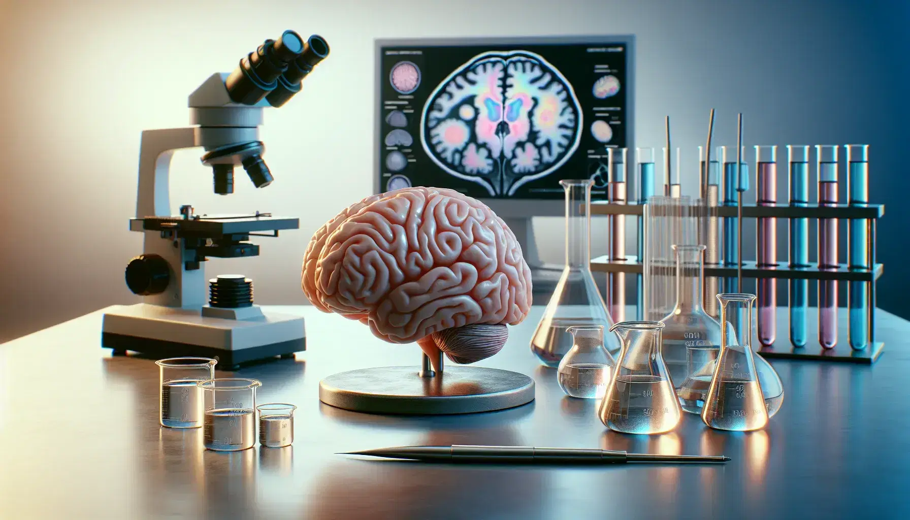 Detailed human brain model on laboratory table with microscope, beaker, pipette and brain scan monitor, researcher in background.
