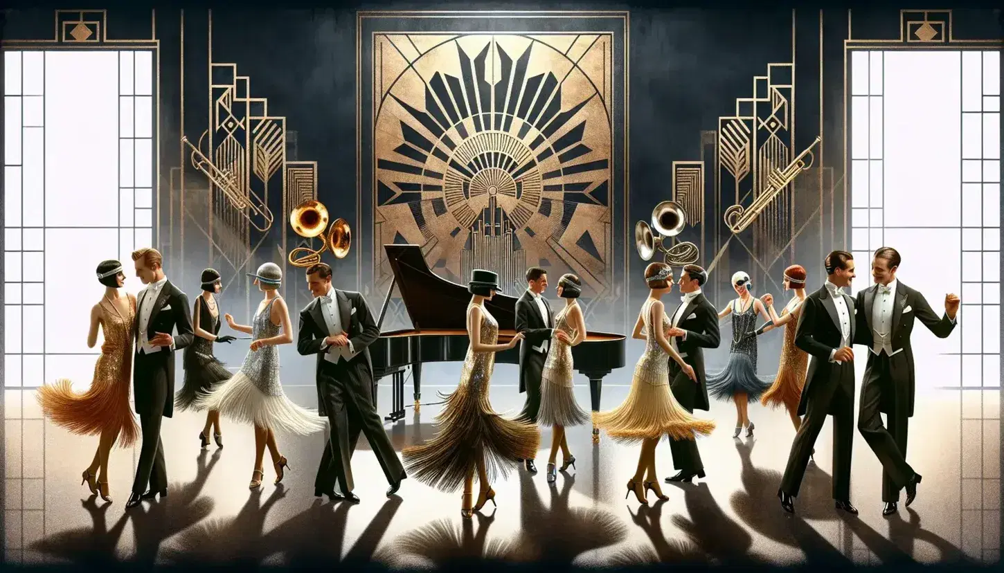 Elegantly dressed dancers perform the Charleston in a Roaring Twenties scene with an Art Deco backdrop, grand piano, and gleaming saxophone.