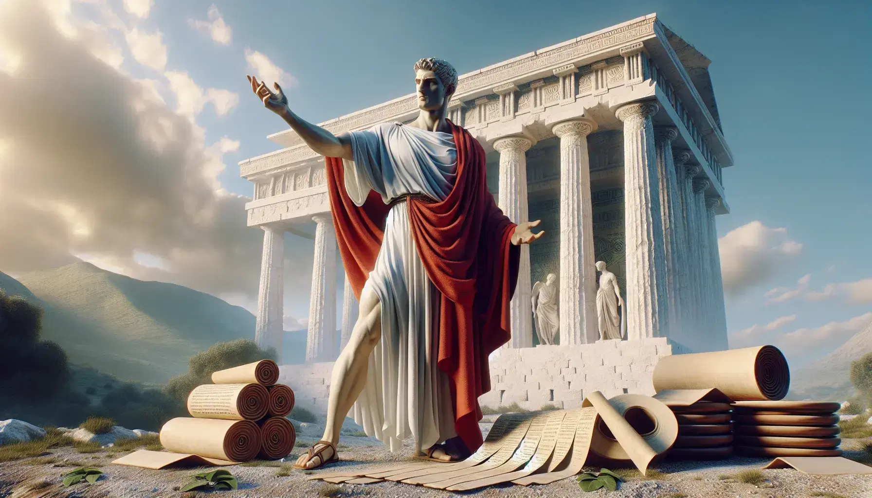 Figura masculina en túnica blanca y manto rojo frente a columna dórica en Grecia antigua, con tabletas de arcilla y pergaminos a sus pies, bajo cielo azul.