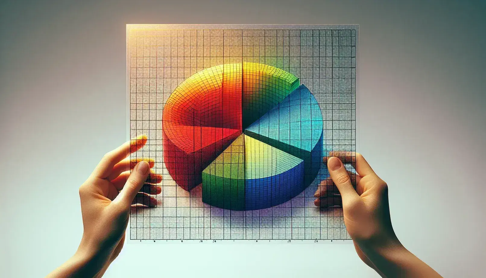 Hand holding a transparent grid over a colorful pie chart with red, blue, yellow and green sections, on neutral gray background.