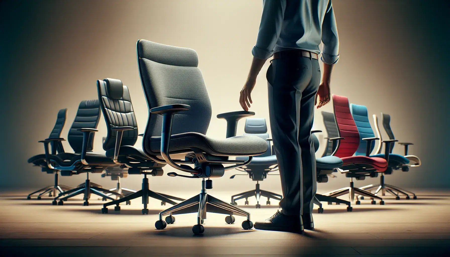 Surtido de sillas de oficina ergonómicas con soportes lumbares y reposabrazos ajustables en colores negro, gris, azul y rojo, con una persona ajustando la altura de una.