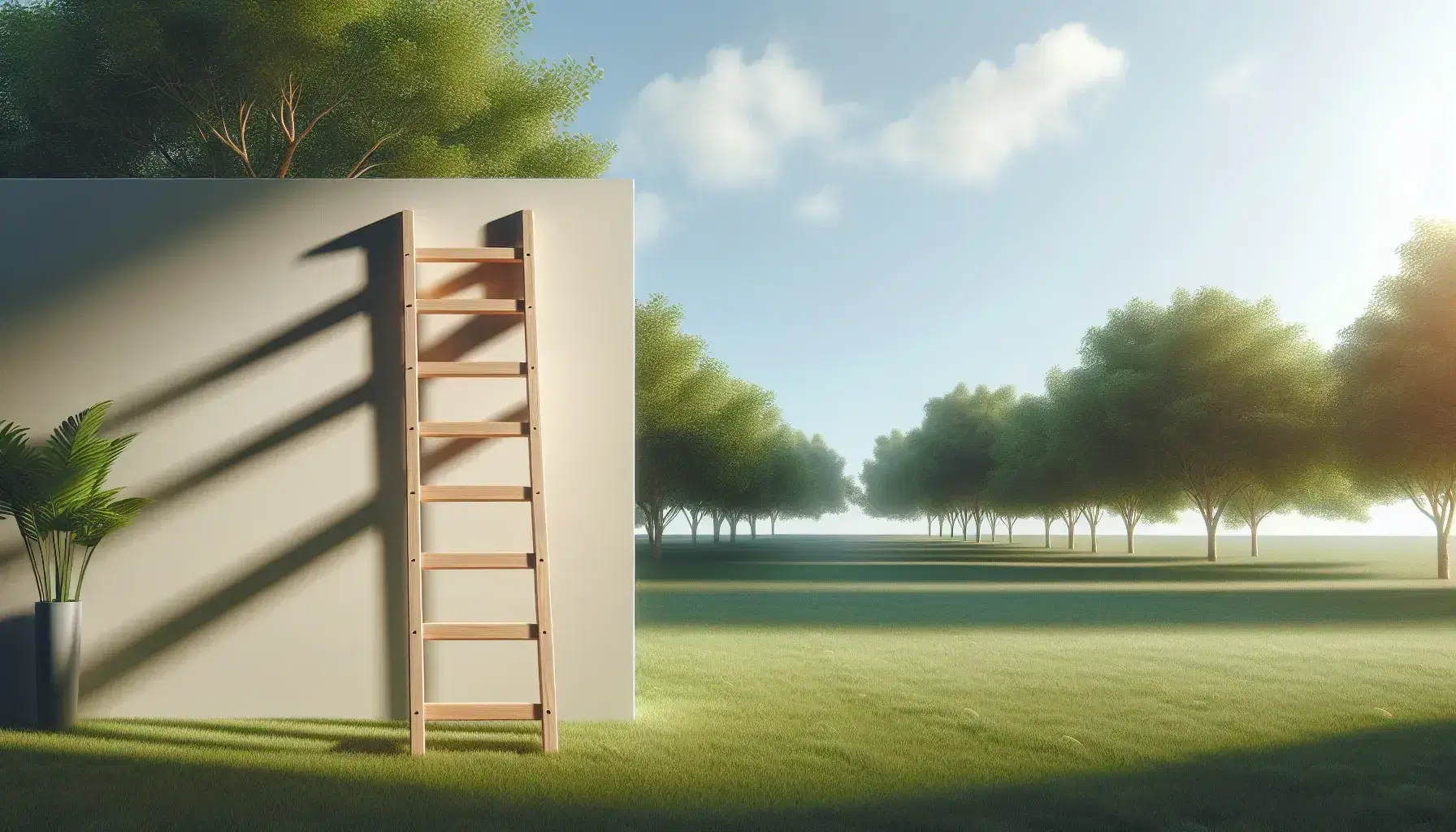 Escalera de madera marrón claro con cinco peldaños apoyada en una pared blanca, sobre césped verde con árboles al fondo y cielo azul parcialmente nublado.