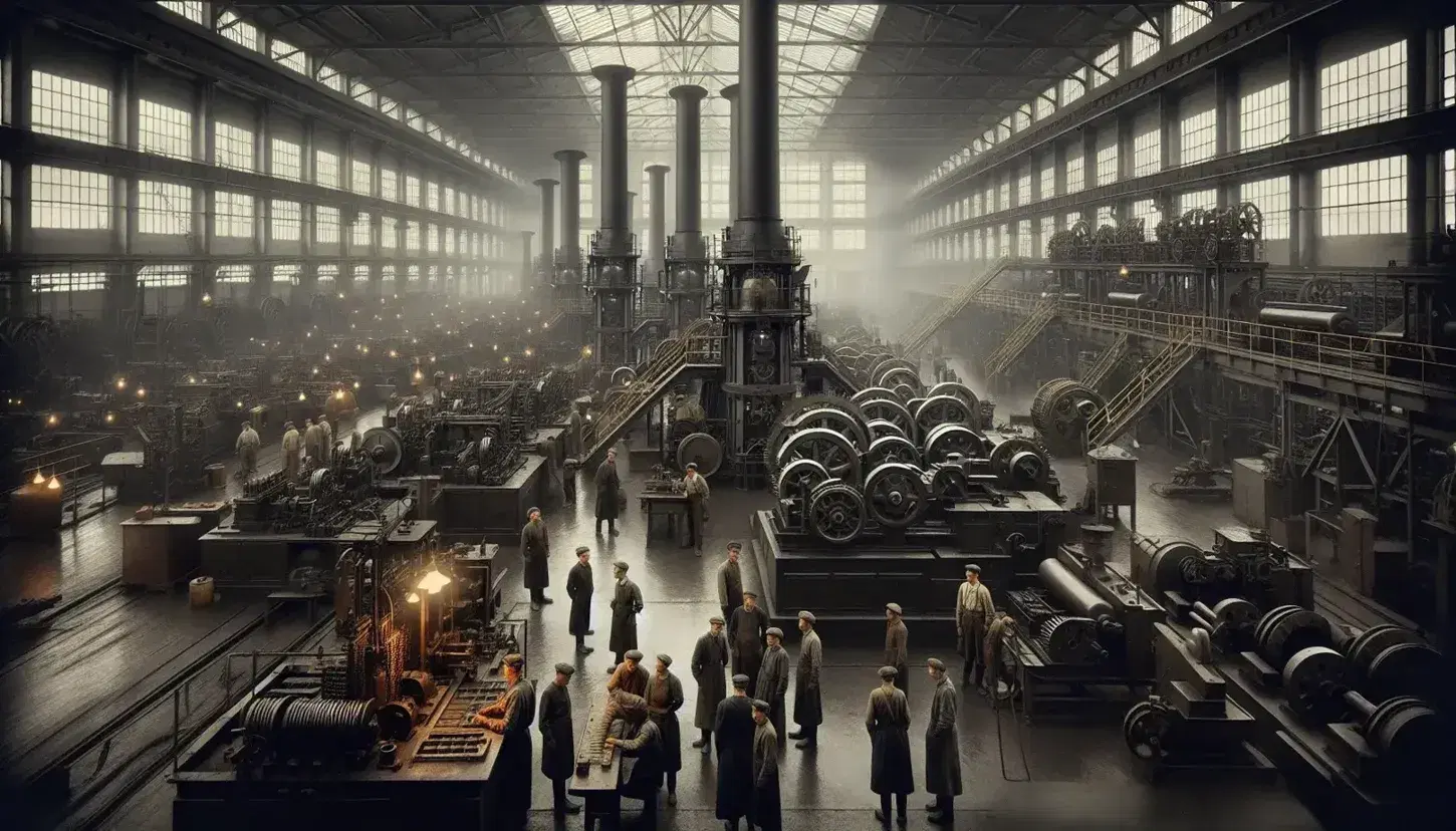 Fabbrica sovietica degli anni '20 con operai al lavoro tra macchinari industriali e ciminiere in lontananza.