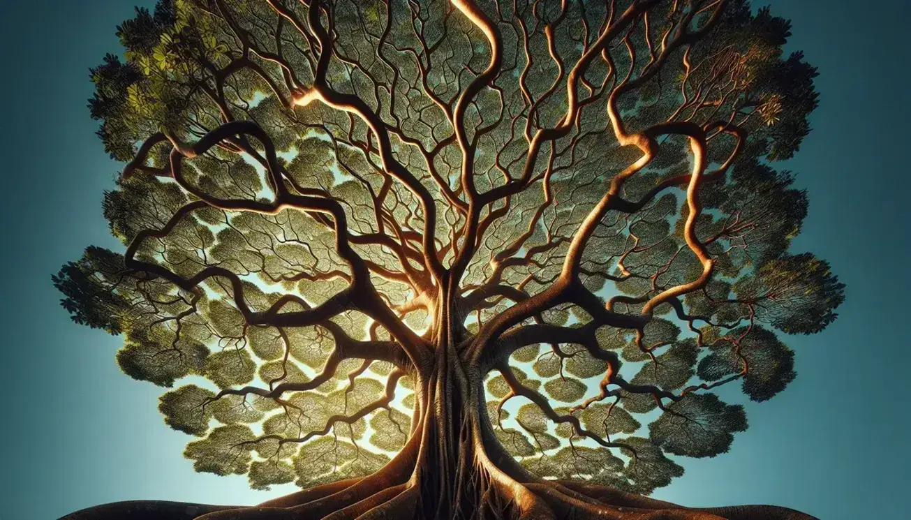 Árbol frondoso con tronco robusto y red de ramas intrincadas, hojas verdes ovaladas y cielo azul despejado.