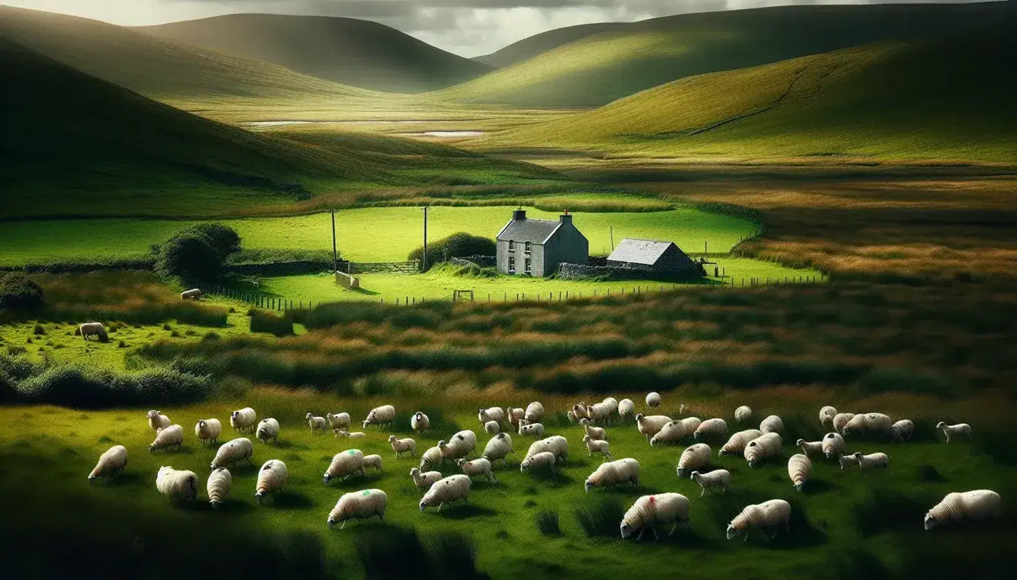Paesaggio rurale irlandese con prato verde, colline, pecore al pascolo e casa di campagna con fumo dal camino sotto cielo azzurro.