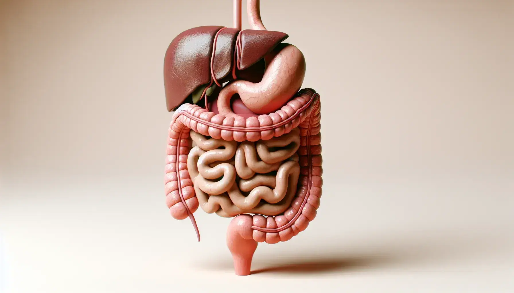 Modelo anatómico detallado del sistema digestivo humano con esófago, estómago, intestinos, hígado, vesícula biliar y páncreas en colores realistas sobre fondo neutro.