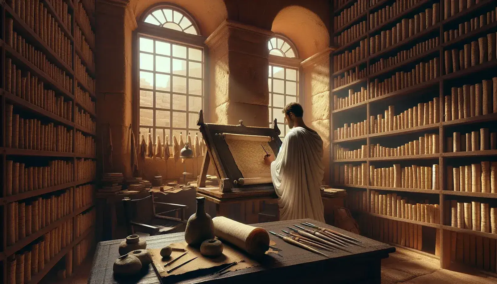 Uomo in toga bianca scrive su papiro in antica biblioteca romana illuminata da luce naturale, con rotoli e strumenti di scrittura.