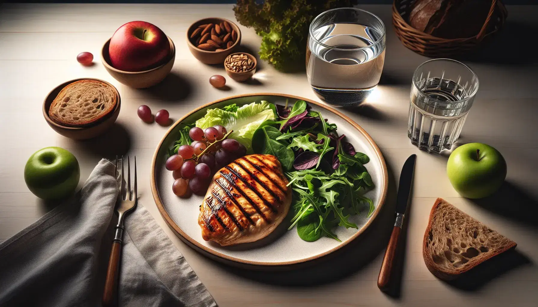 Mesa de madera con plato de pollo a la parrilla, ensalada verde, manzana roja, uvas moradas, vaso de agua y pan integral bajo luz natural.