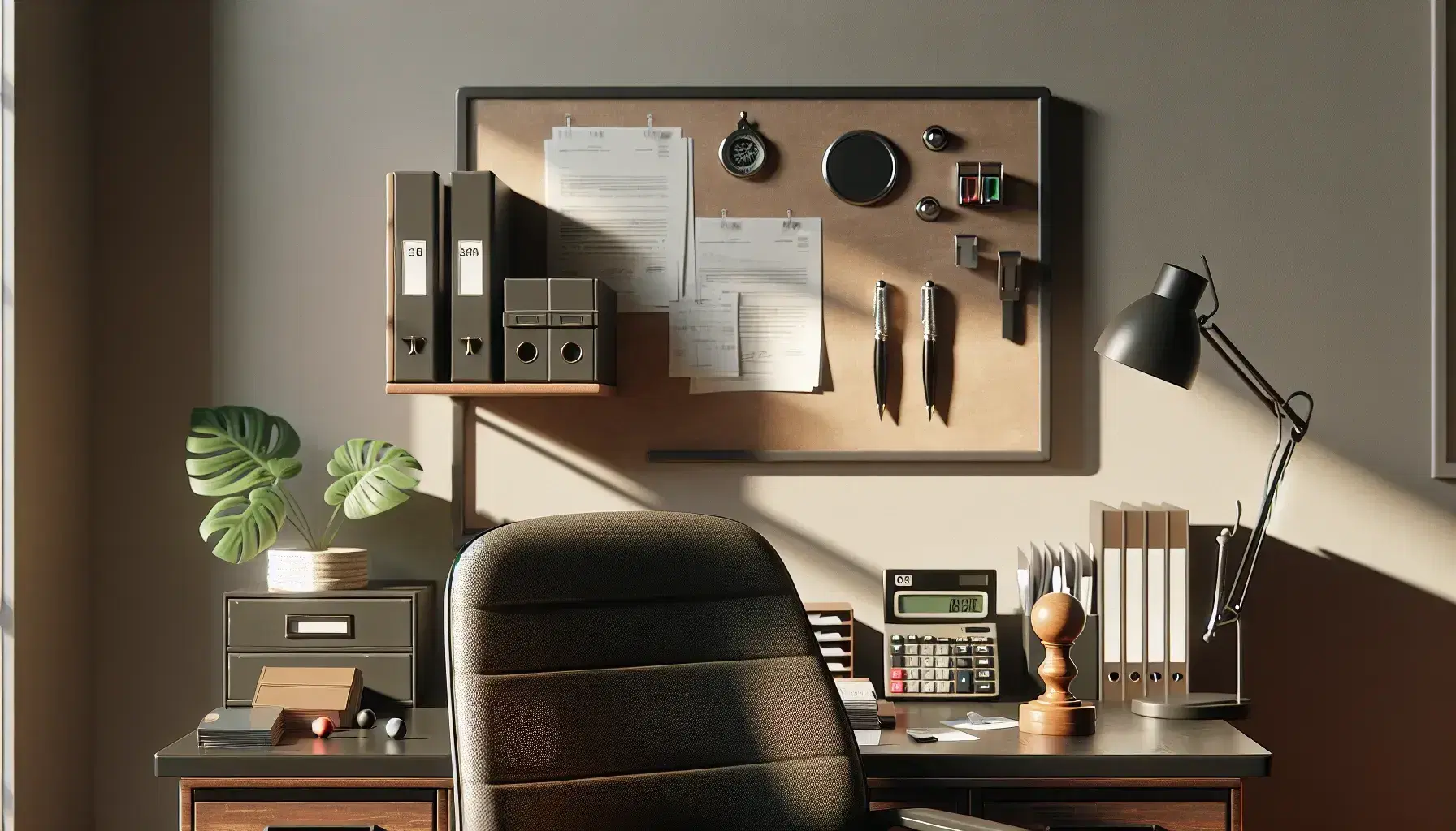 Ufficio governativo con scrivania in legno, calcolatrice grigia, timbro, documenti impilati, penna stilografica e sedia ergonomica, senza persone.