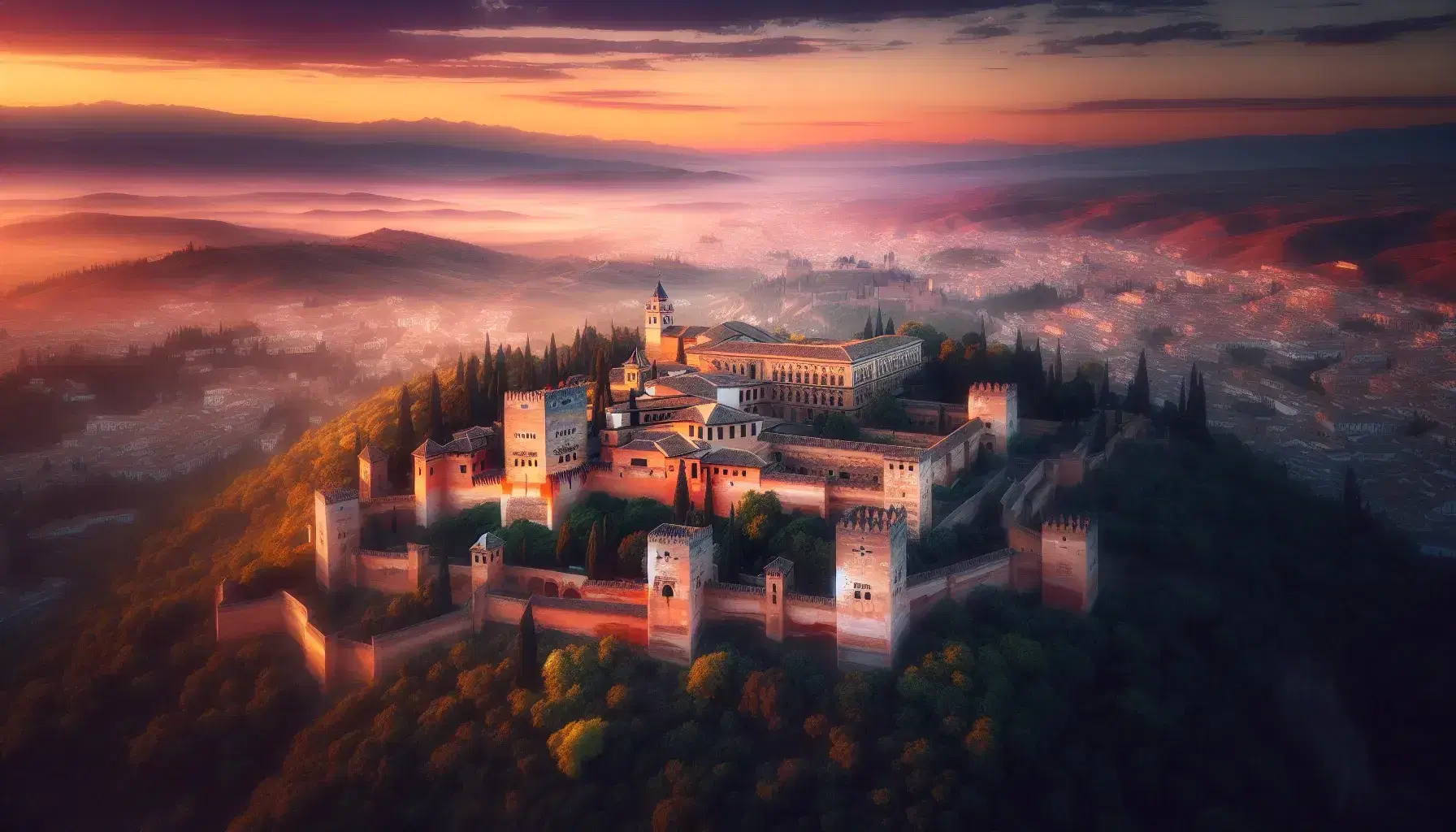 Vista aerea del complesso dell'Alhambra a Granada al tramonto, con mura illuminate e sfondo di montagne della Sierra Nevada.