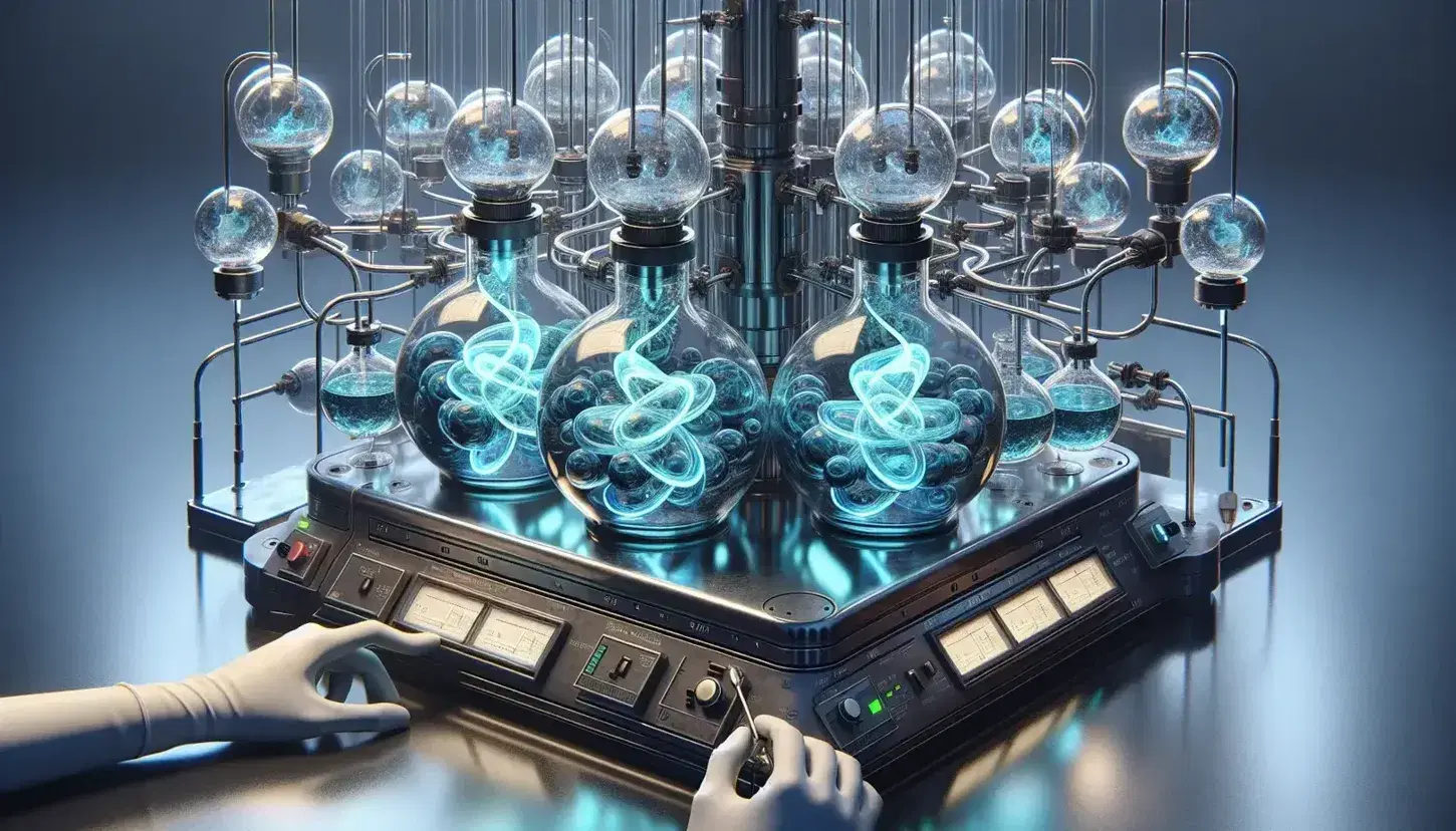 Laboratory scene with glowing blue liquid in twin flasks on a metal surface, hands adjusting a dial on a machine, and blurred lab equipment in the background.