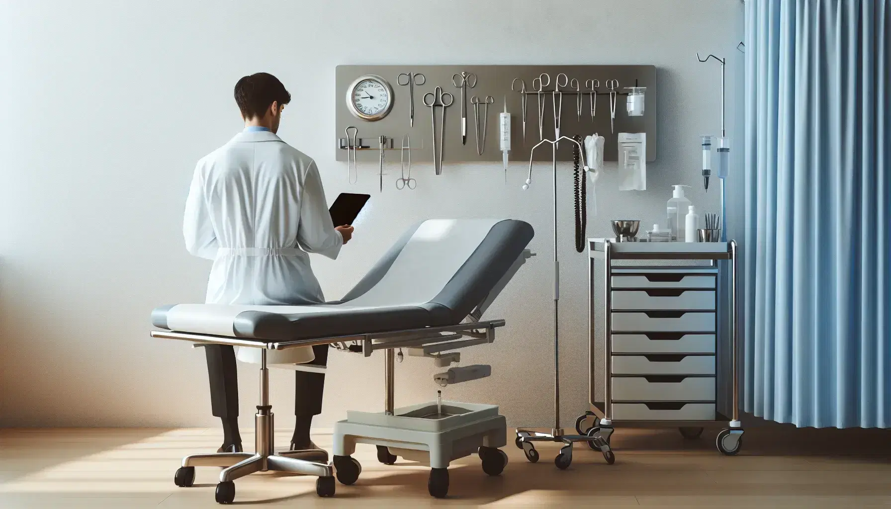 Sala de consulta médica con mesa de examen, carrito con instrumentos, profesional de la salud con tablet y paciente en bata azul.