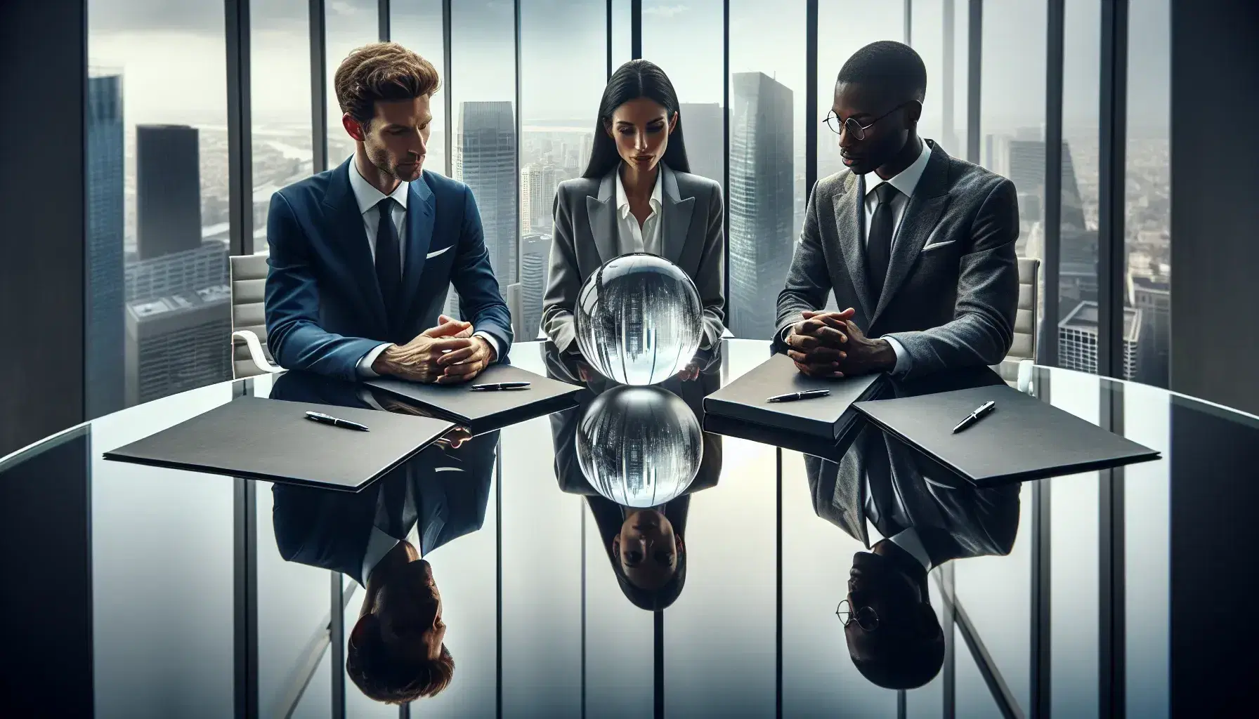 Three professionals engaged in discussion around a glass table with a crystal ball centerpiece in a modern office with a cityscape view.