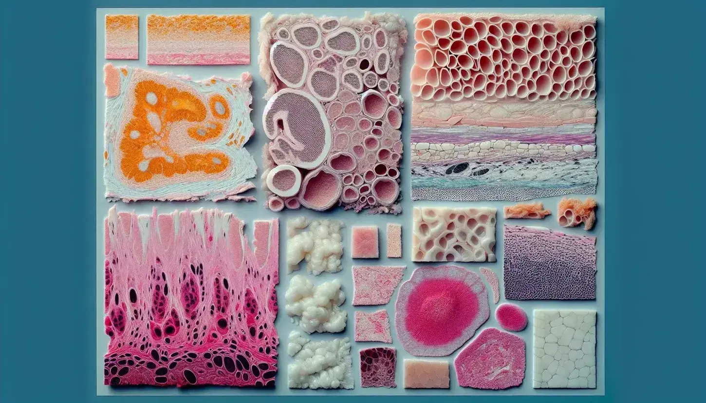 Vista cercana de tejidos humanos reales, incluyendo epitelial, glandular, conectivo, adiposo, óseo, cartilaginoso y muscular, con variadas texturas y colores.