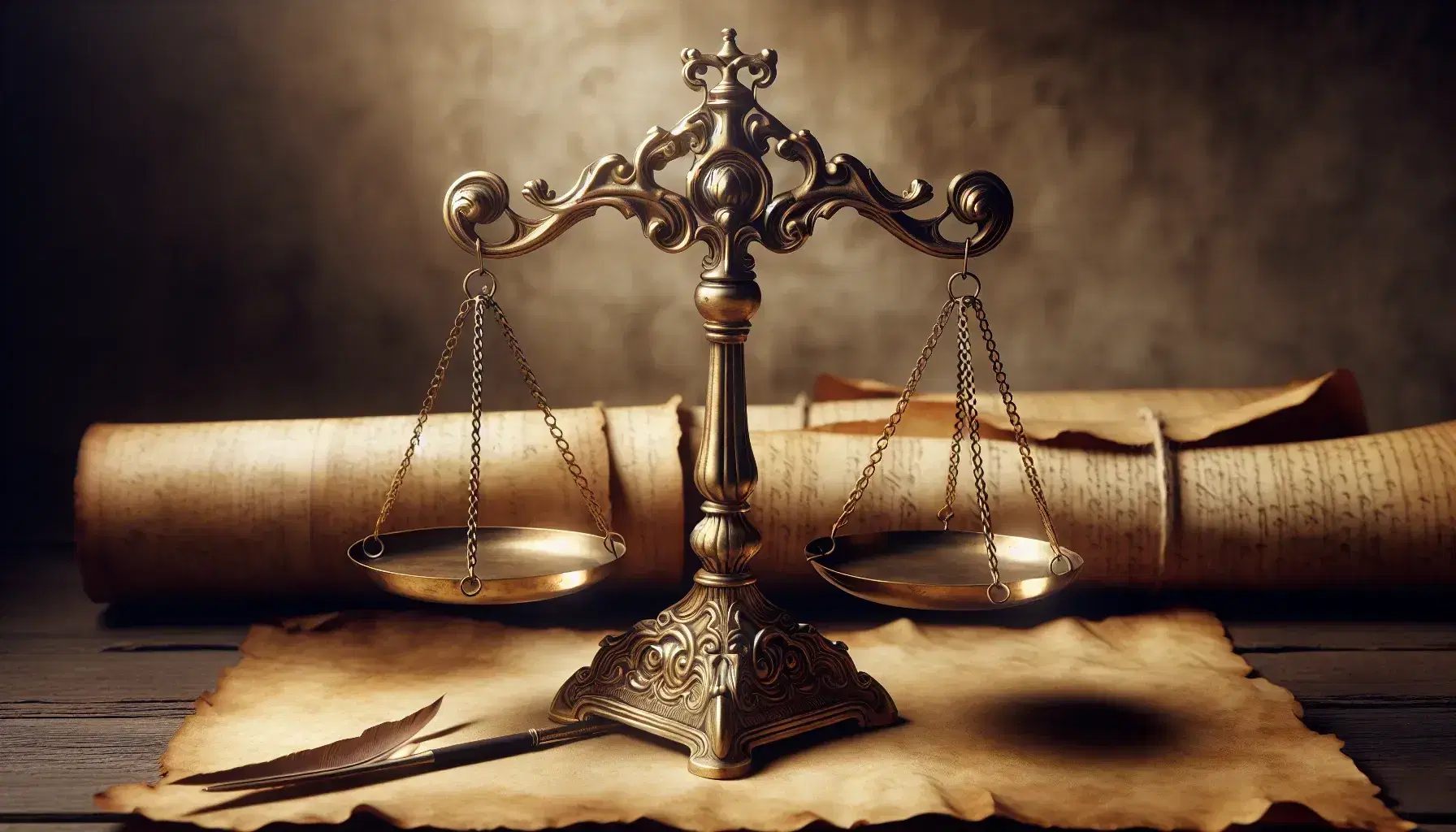 Balanced brass scales of justice, rolled ancient scroll, inkwell with quill pen and wooden gavel on neutral background.