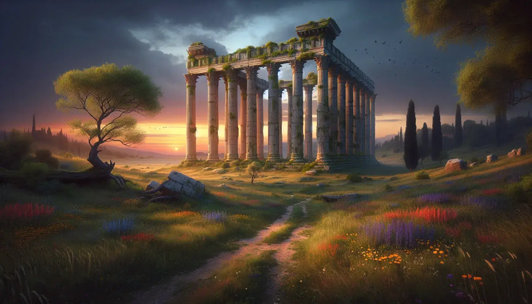 Paesaggio naturale al tramonto con rovine di un tempio greco antico, colonne d'epoca e cielo colorato, senza persone.