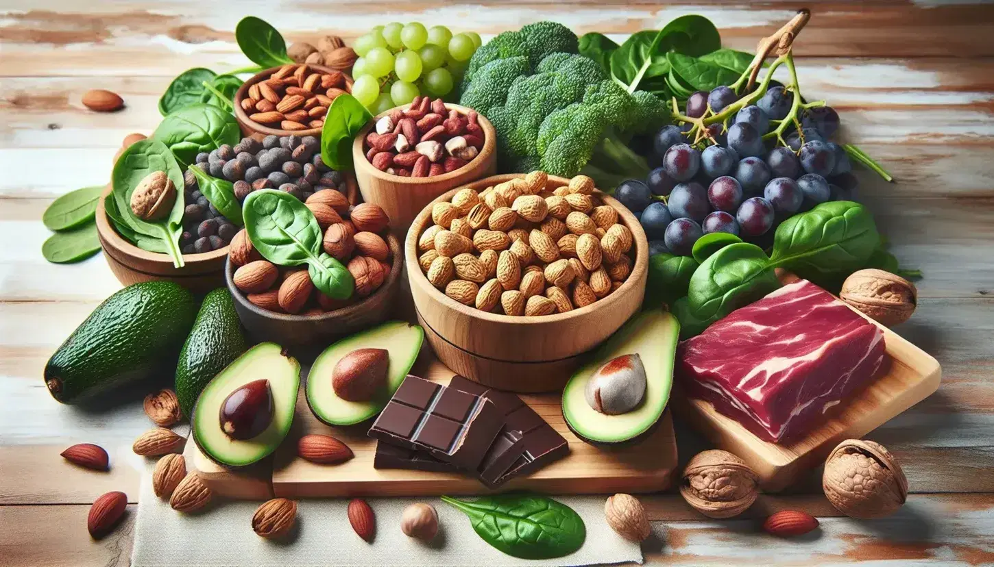 Variedad de alimentos frescos en superficie de madera con nueces, hojas de espinaca, uvas moradas, carne roja, chocolate oscuro y rodajas de aguacate.