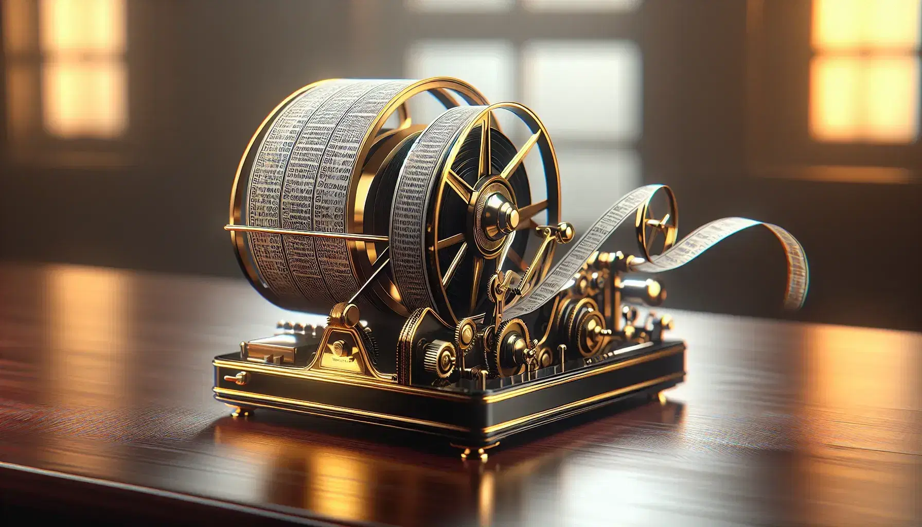 Close-up view of a vintage mechanical stock ticker tape machine with a blank paper strip on a polished wooden desk, surrounded by soft office lighting.