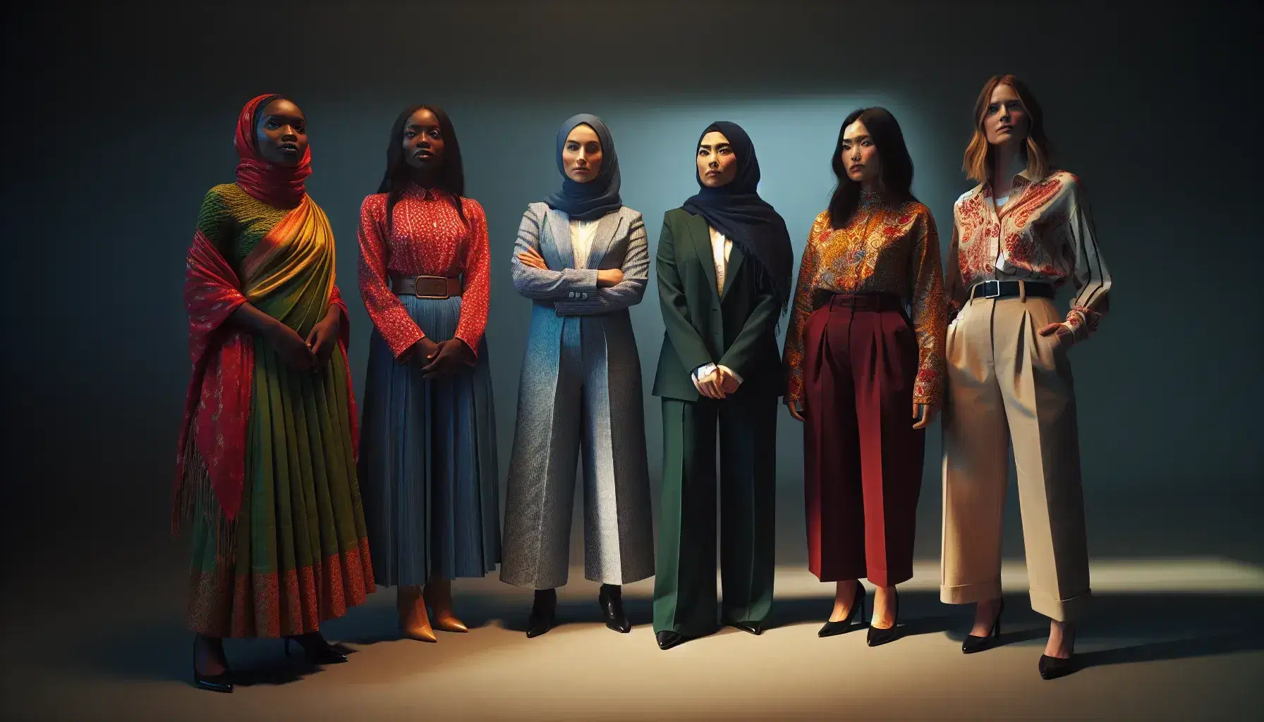 Five diverse women in cultural attire stand united, hands linked or on shoulders, symbolizing global postcolonial feminist solidarity.