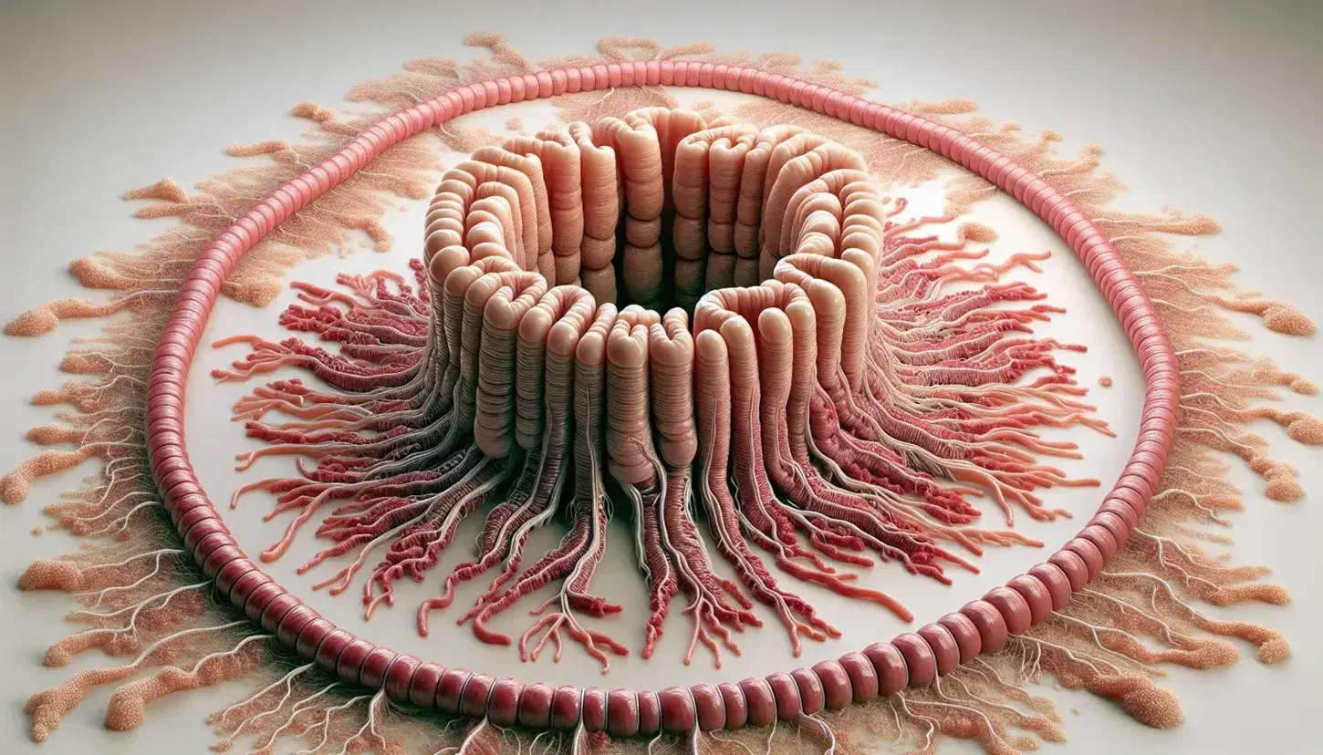 Sección transversal detallada del intestino delgado humano mostrando villi rosados y una red vascular compleja con tejido nervioso periférico.