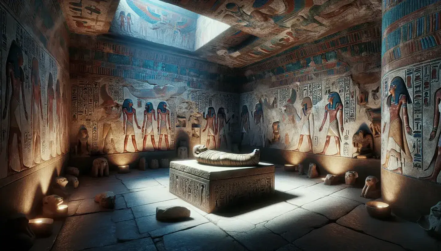 Interno di una tomba egizia con affreschi, sarcofago aperto e mummia, oggetti funerari e scala di legno, senza simboli leggibili.