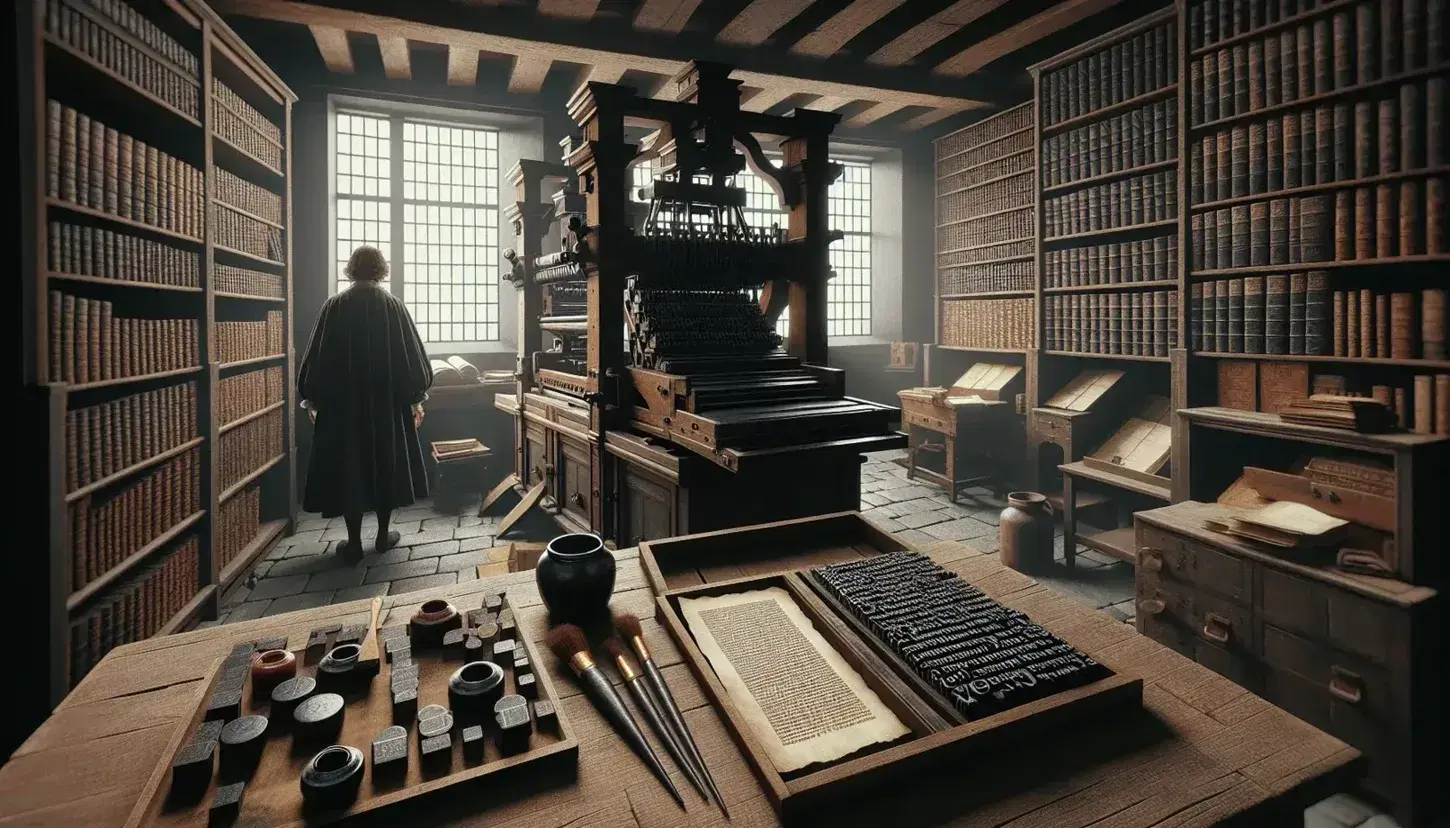 Officina tipografica del XVI secolo con pressa da stampa in legno, inchiostri, caratteri tipografici e uomo in abiti d'epoca.
