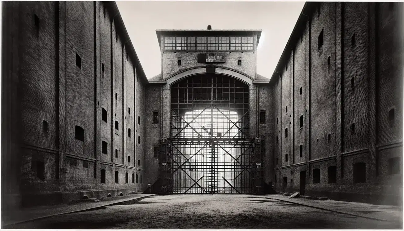 Fotografia in bianco e nero di un antico ingresso con cancello in ferro e mura in mattoni di un edificio imponente, atmosfera desolata.