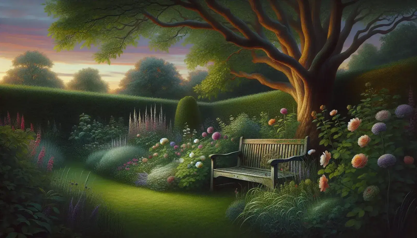 Serene garden at dusk with a weathered wooden bench, pastel flowers, a mature tree with autumn leaves, and a sunset sky in soft yellow to purple hues.