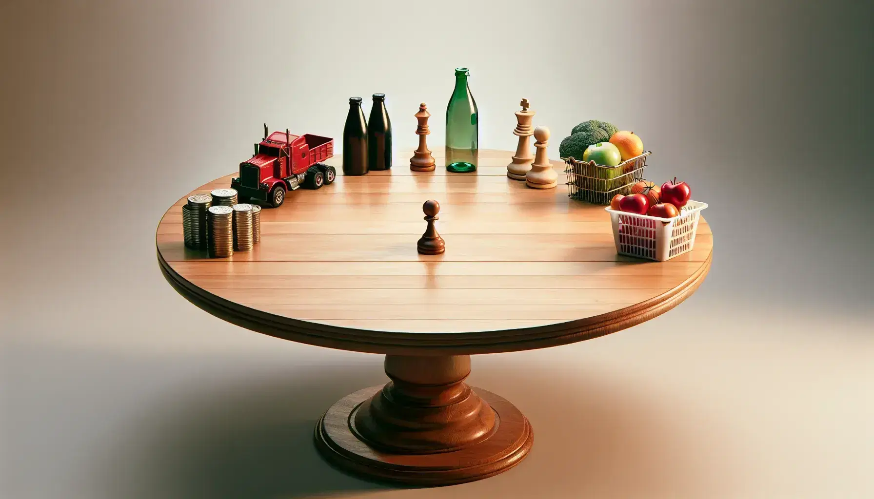 Round wooden table with a red toy truck, green glass bottle, wooden chess knight, stack of coins, and a mini shopping basket with toy fruits and vegetables.