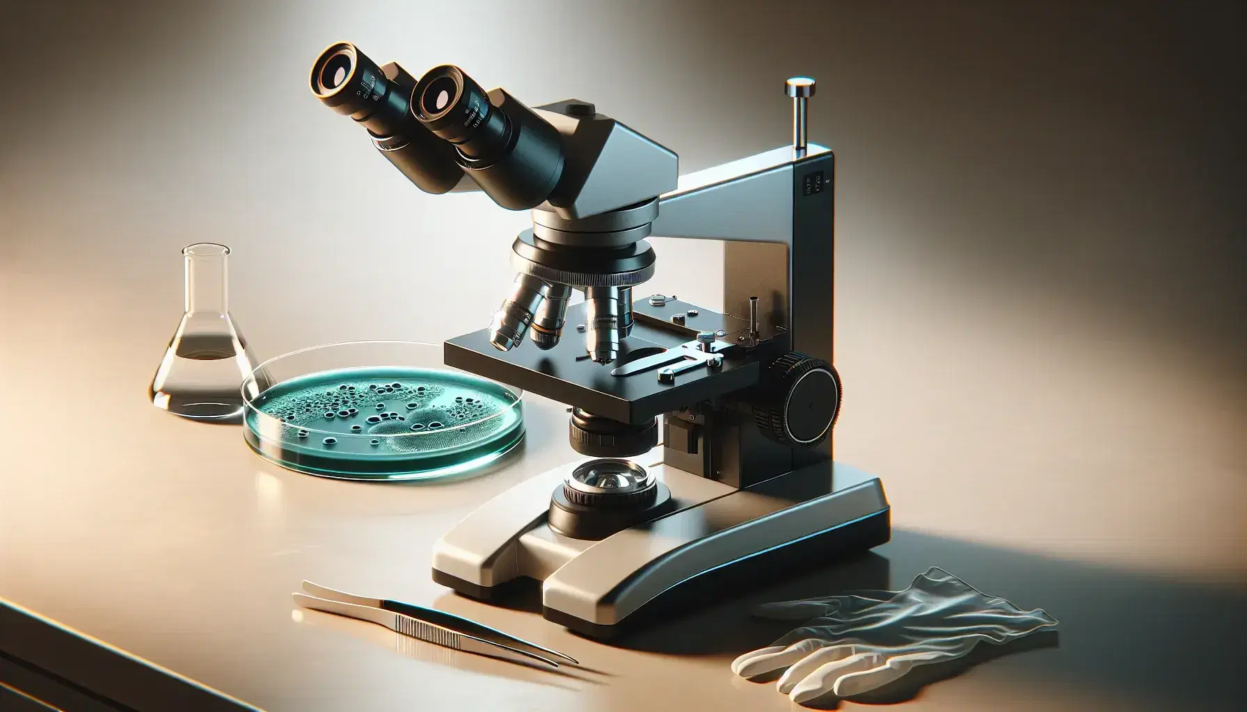 Microscopio óptico moderno negro y plateado con tres objetivos y ocular ajustable, junto a una placa de Petri con muestra biológica y utensilios de laboratorio en mesa clara.