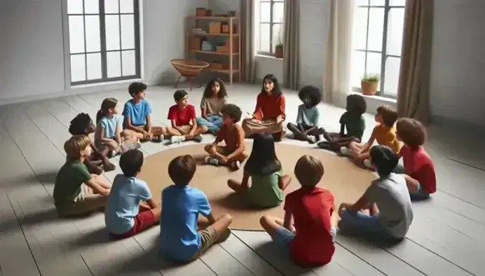 Niños de diversas etnias sentados en semicírculo escuchando a una mujer contar una historia en una sala iluminada naturalmente con libros y planta al fondo.