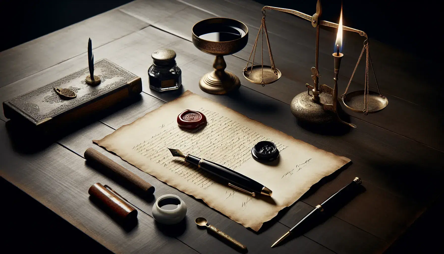 Mesa de madera oscura con documento antiguo parcialmente enrollado, pluma fuente negra, tintero, sello de cera rojo, barra de cera y encendedor encendido, balanza de dos platos al fondo.