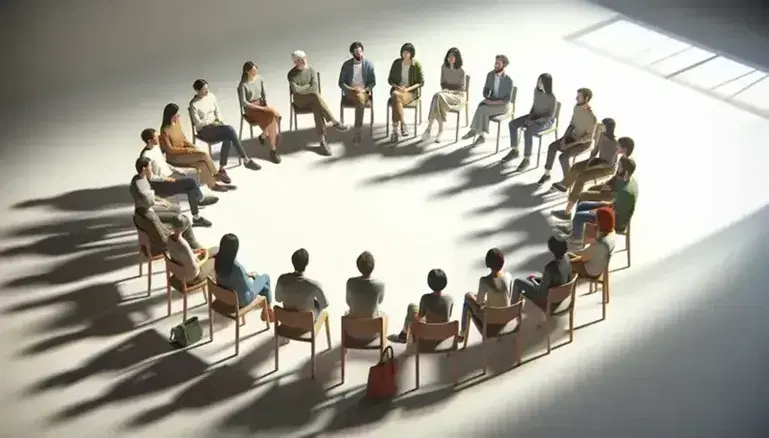 Grupo diverso de personas sentadas en semicírculo en sillas, interactuando en un espacio de reunión con fondo neutro y luz suave.