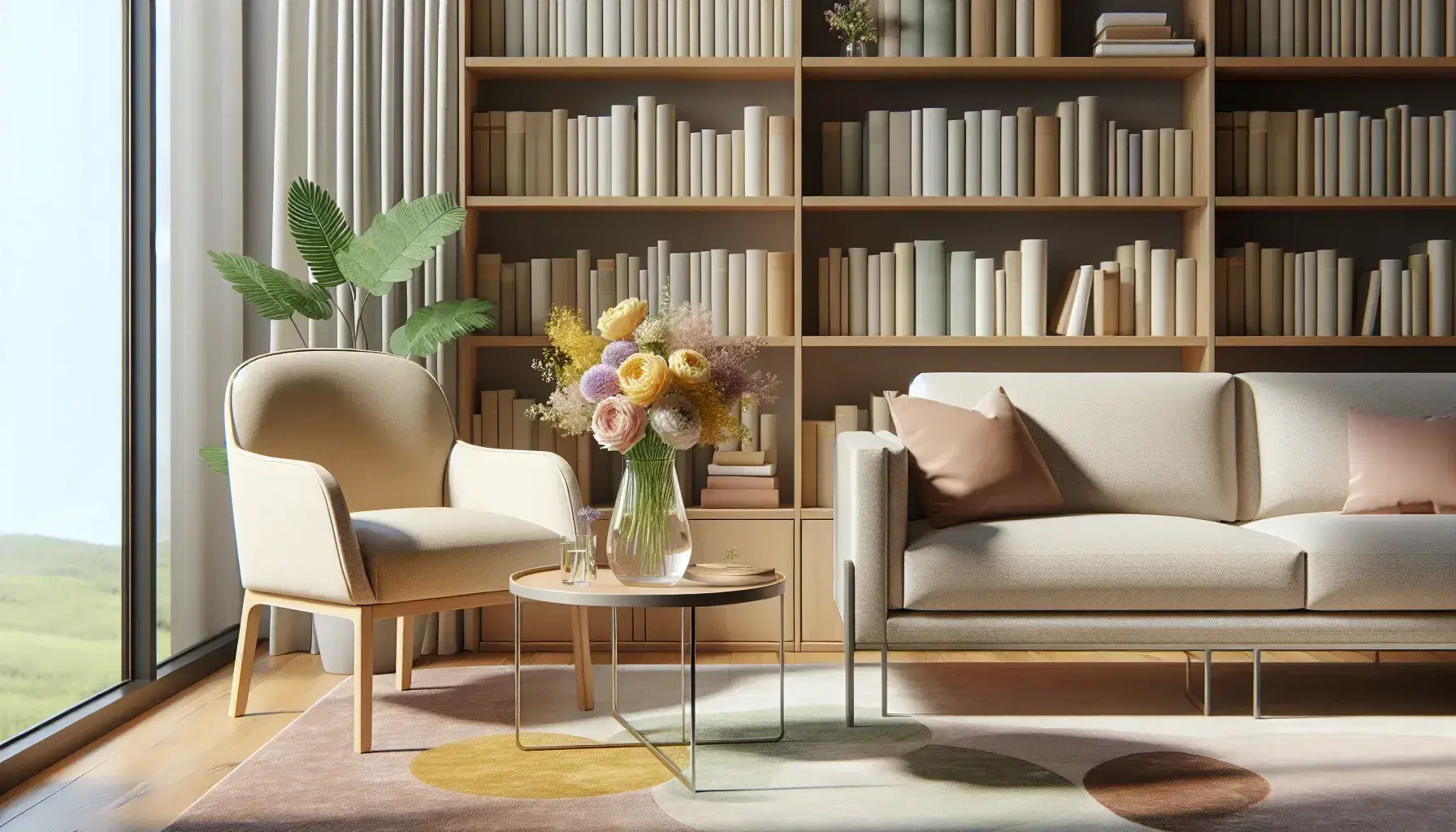 Cozy therapeutic office with beige armchair and sofa, coffee table with flowers, bookcase and window with white curtains diffusing natural light.