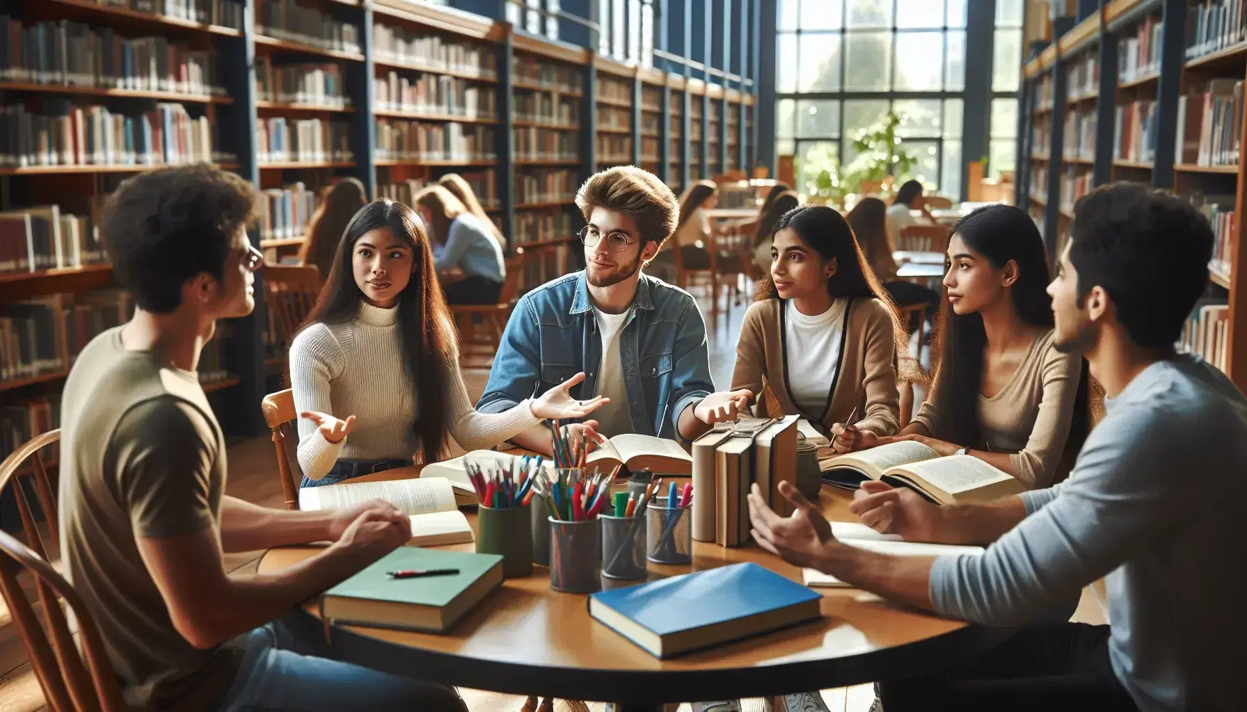 Estudiantes diversos colaborando en un estudio grupal en una biblioteca, con libros y cuadernos sobre la mesa y luz natural.