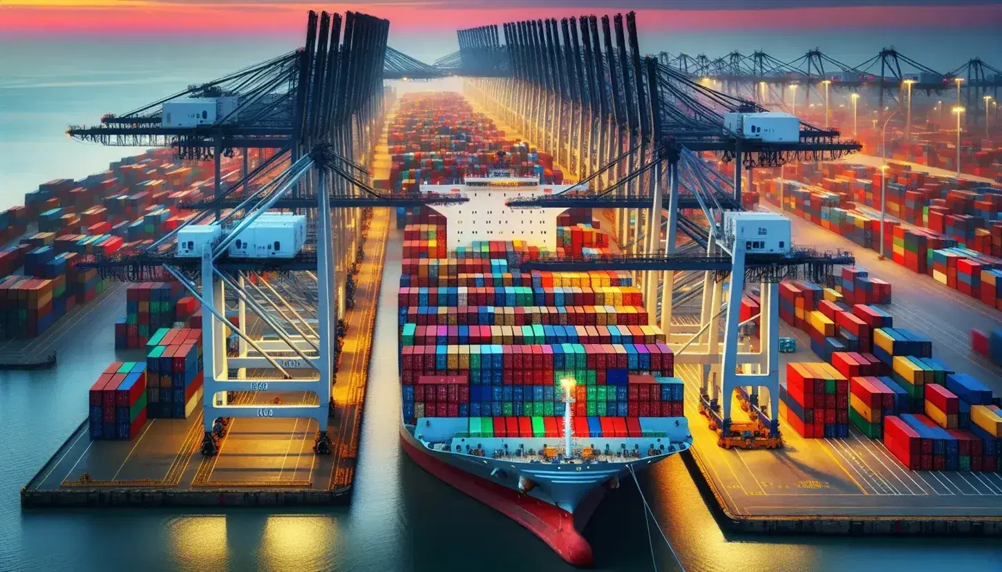 Bustling international shipping port with stacked colorful containers, a docked cargo ship, towering cranes, and a sunset city skyline.