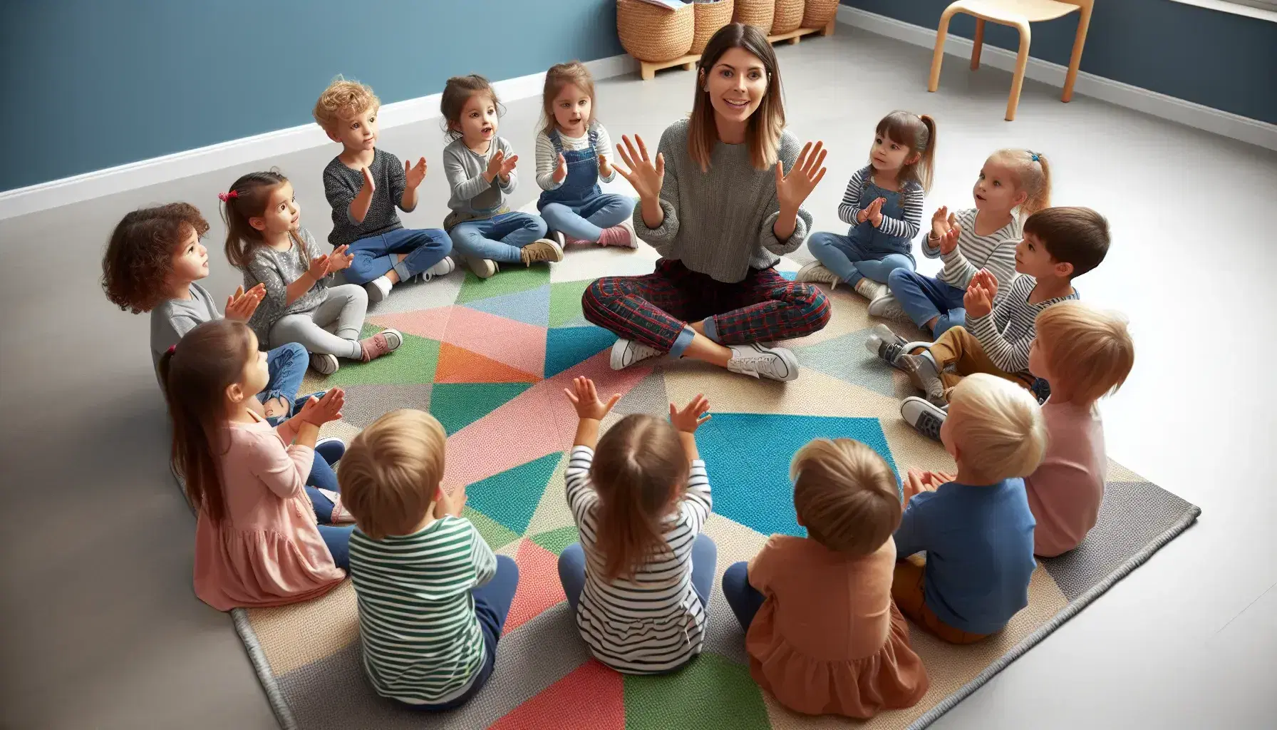 Educadora interactuando con niños atentos en semicírculo sobre alfombra colorida, haciendo gestos como parte de una actividad lúdica en aula iluminada naturalmente.