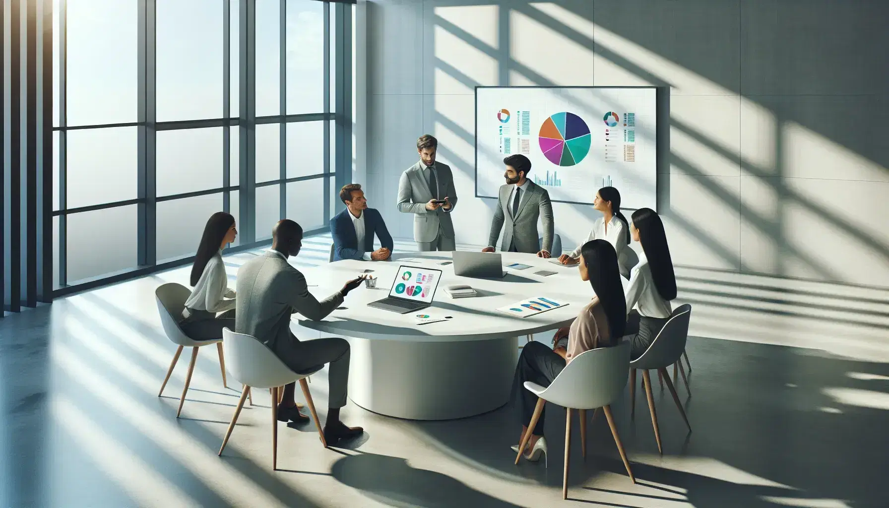 Professionals in a modern office discuss data on a laptop showing a colorful pie chart, with a diverse team engaging in a collaborative meeting.