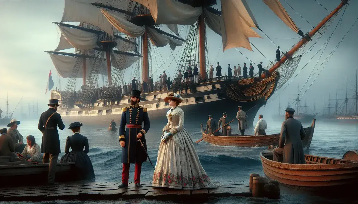 Escena histórica en puerto del siglo XIX con tres personas en primer plano, barco de vela de tres mástiles al fondo y edificios coloniales.