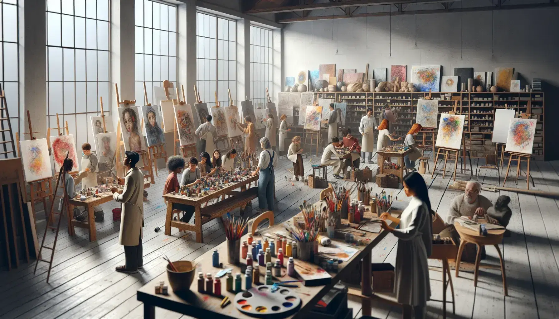 Grupo diverso de personas en taller de arte con materiales variados, pintando en lienzos y modelando arcilla bajo luz natural.