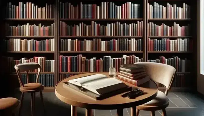 Biblioteca con estantes de madera oscura llenos de libros coloridos, mesa con libro abierto, gafas y pluma estilográfica, silla con cojín beige al fondo.
