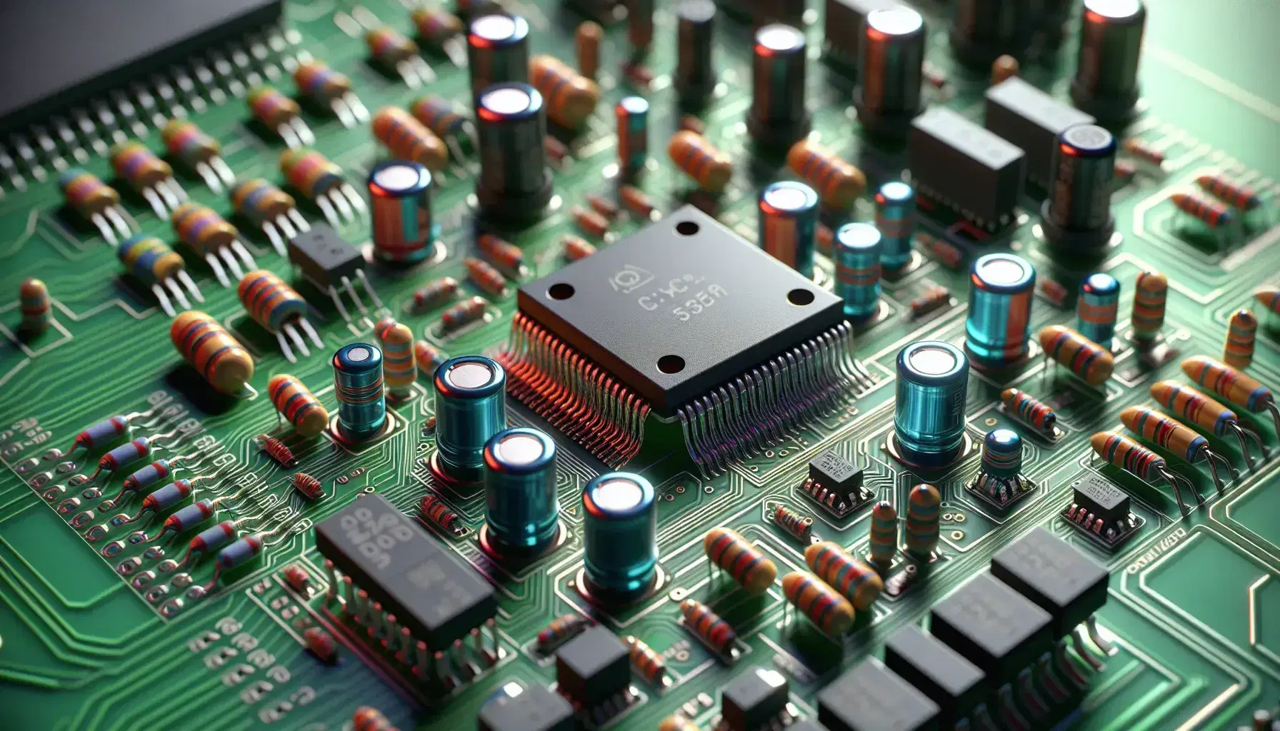 Close-up view of a green PCB with an integrated circuit, blue and orange capacitors, beige resistors, and red and green LEDs interconnected by silver traces.