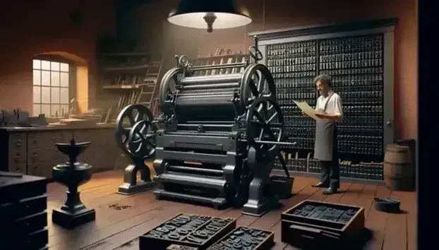 Stampa antica in tipografia con uomo che controlla foglio appena stampato, pressa tipografica in primo piano e scaffali con caratteri tipografici sullo sfondo.