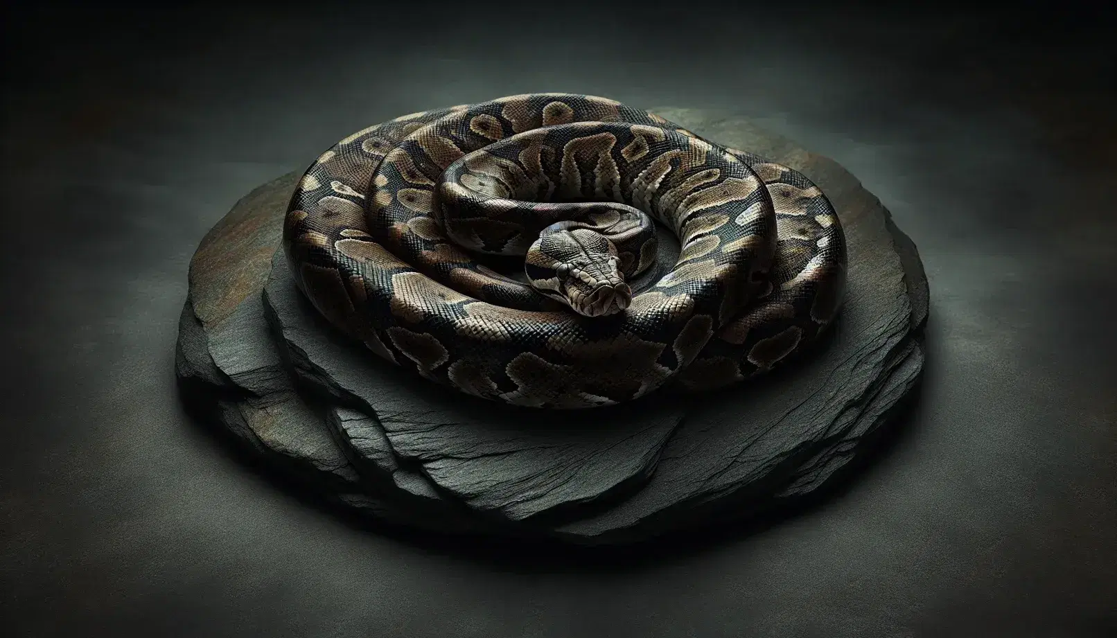 Python coiled on dark rock with brown, green and ocher scales, raised head and shiny eyes in blurry natural environment.