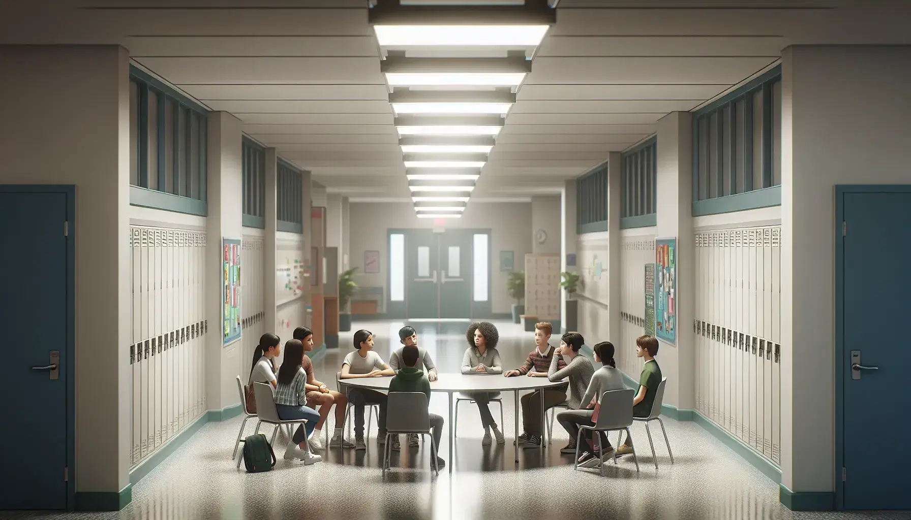 Illuminated school corridor with students sitting at a circular table and lockers, colorful noticeboard and standing adult.