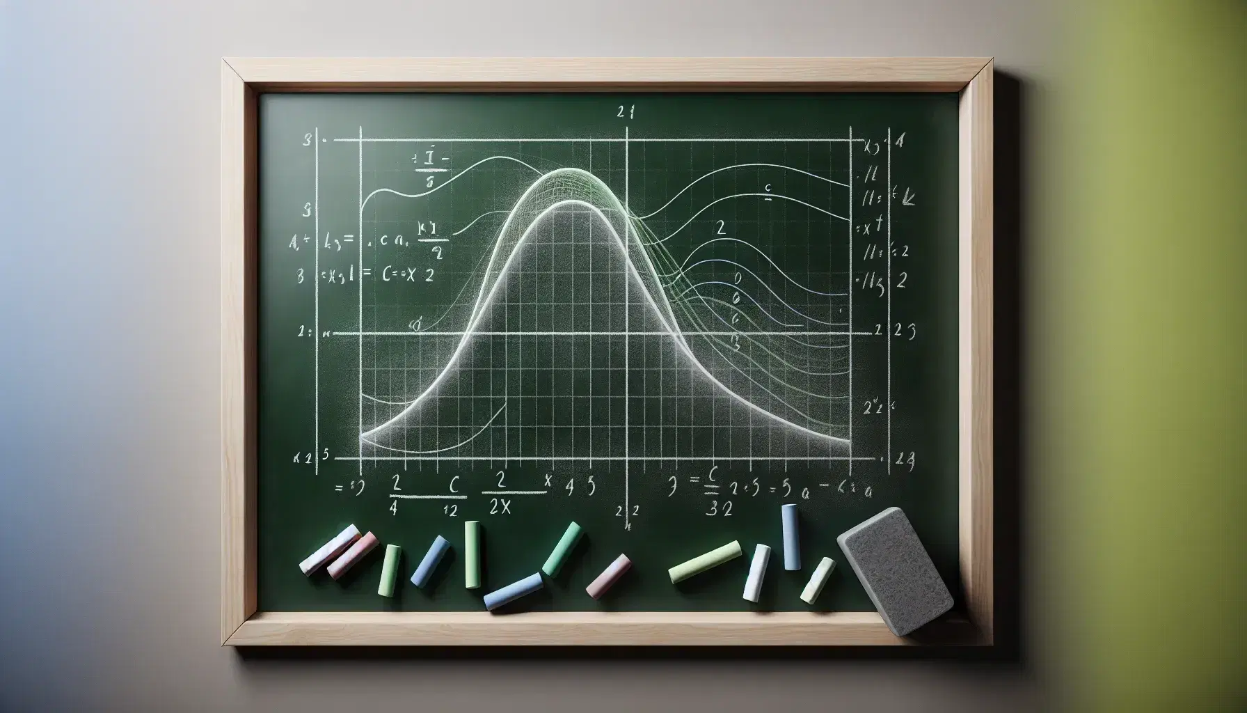 Pizarra verde oscuro con trazos de tiza que representan funciones matemáticas y tizas de colores junto a un borrador sobre fondo claro.