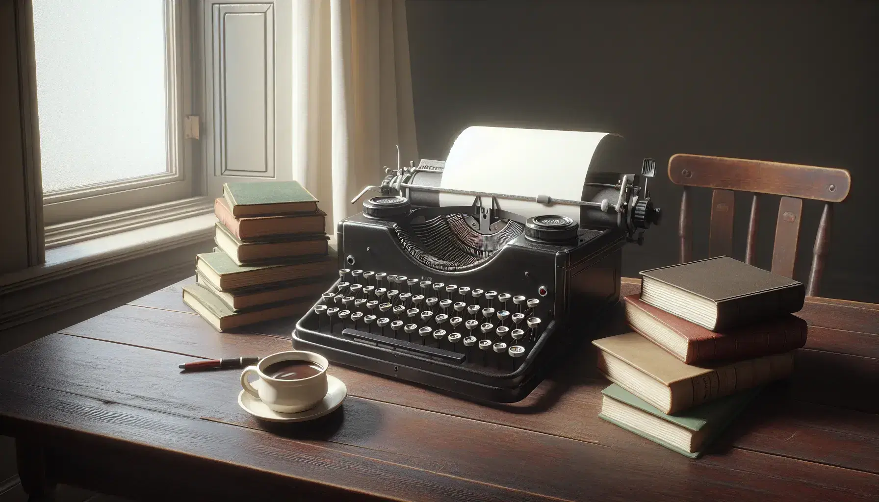 Máquina de escribir antigua con teclas redondas sobre mesa de madera oscura, papel insertado, taza de café al lado y libros apilados, luz suave de ventana con cortinas.